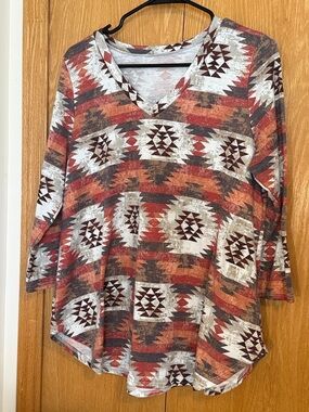 Women's V-Neck Aztec Print Tunic Top in Rust and Cream Large